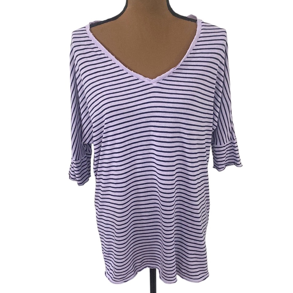Sundance maritime striped slouchy raw edge v-neck tunic length tee lavender XS